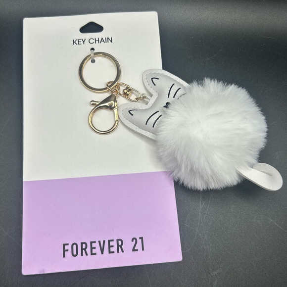 Forever 21 White Cat Keychain Fuzzy Pom Pom Puff with Gold Tone Metal Hardware - Picture 1 of 12